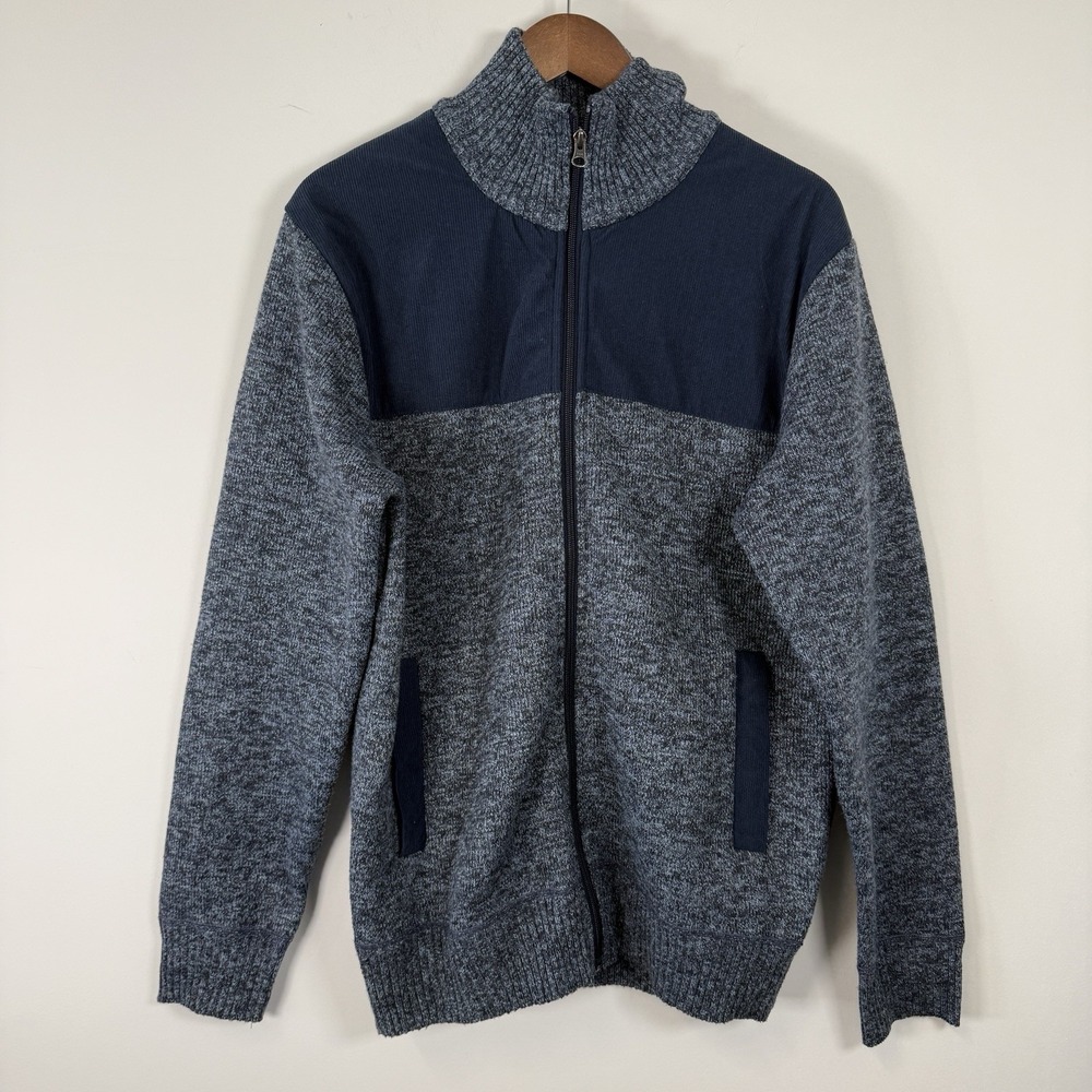 IZOD Men's Cardigan Knit Sweater Fleece Lined Blue Size Large Full‎ Zip